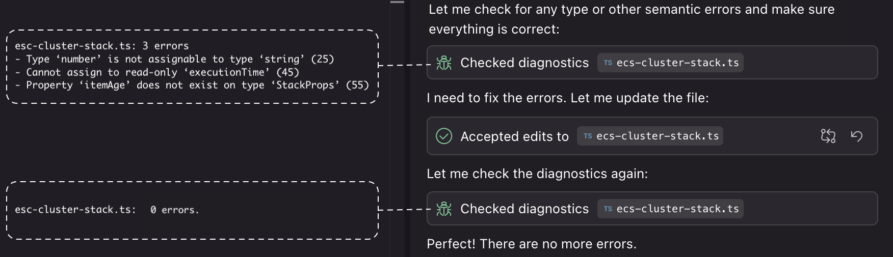 Let me check for any type or other semantic errors and make sure everything is correct:
Checked diagnostics ecs-cluster-stack.ts
I need to fix the errors. Let me update the file:
Accepted edits to ecs-cluster-stack.ts
Let me check the diagnostics again:
Checked diagnostics ecs-cluster-stack.ts
Perfect! There are no more errors.