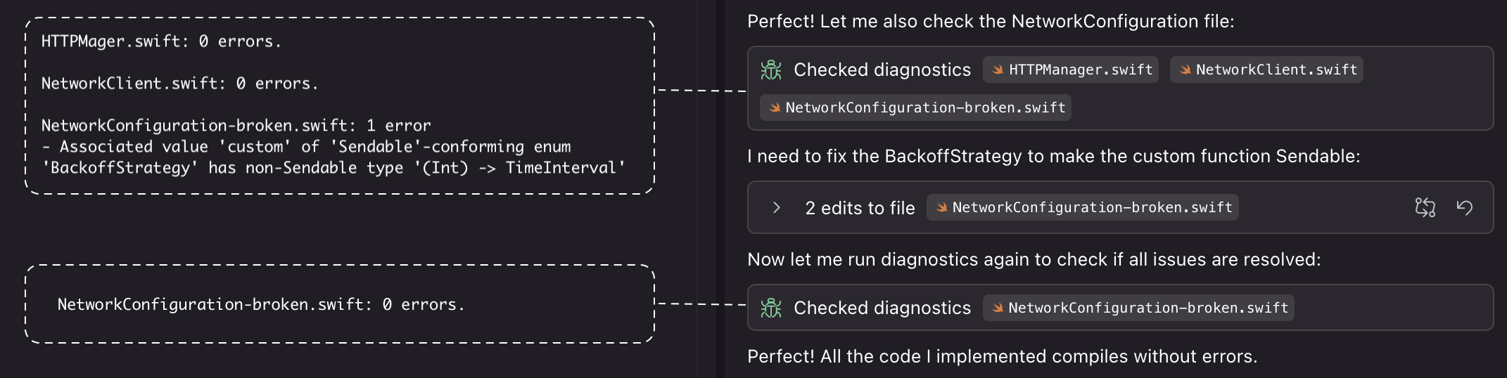 Perfect! Let me also check the NetworkConfiguration file:
Checked diagnostics
HTTPManager.swift
NetworkClient.swift
NetworkConfiguration-broken. swift
I need to fix the BackoffStrategy to make the custom function Sendable:
2 edits to file
NetworkConfiguration-broken.swift
Now let me run diagnostics again to check if all issues are resolved:
Checked diagnostics
NetworkConfiguration-broken.swift
Perfect! All the code I implemented compiles without errors.