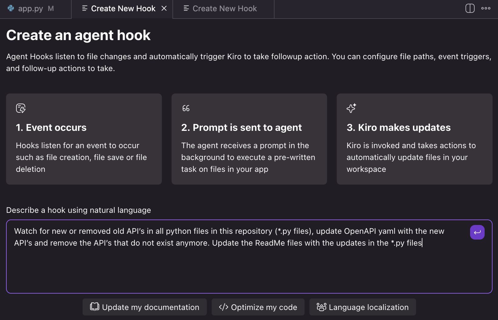 Screenshot of creating a new hook: Watch for new or removed old API's in all python files in this repository (\*.py files), update OpenAPI yaml with the new API's and remove the API's that do not exist anymore. Update the README files with the updates in the \*.py files