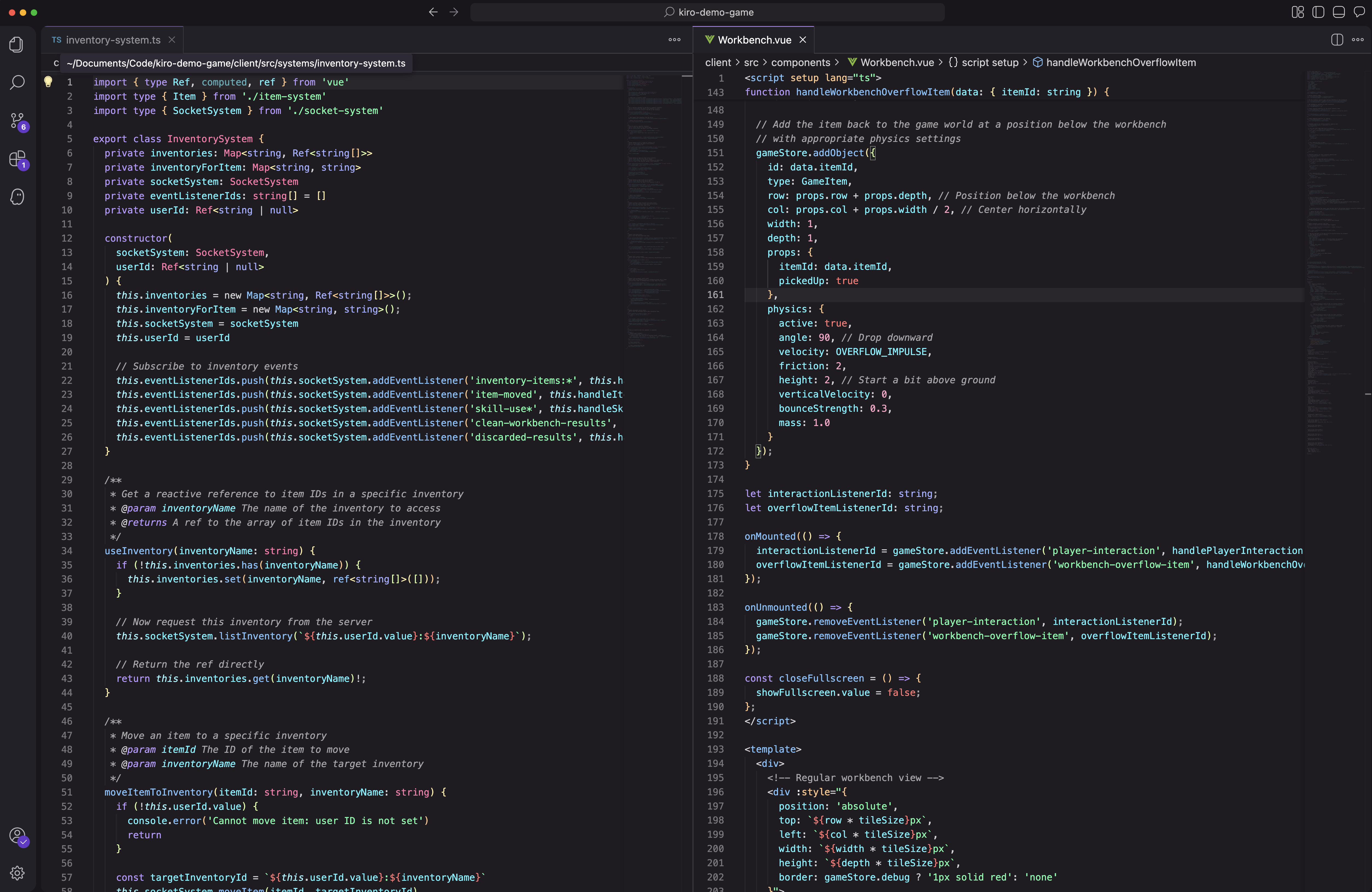 code editor showing inventory-system.ts and Workbench.vue