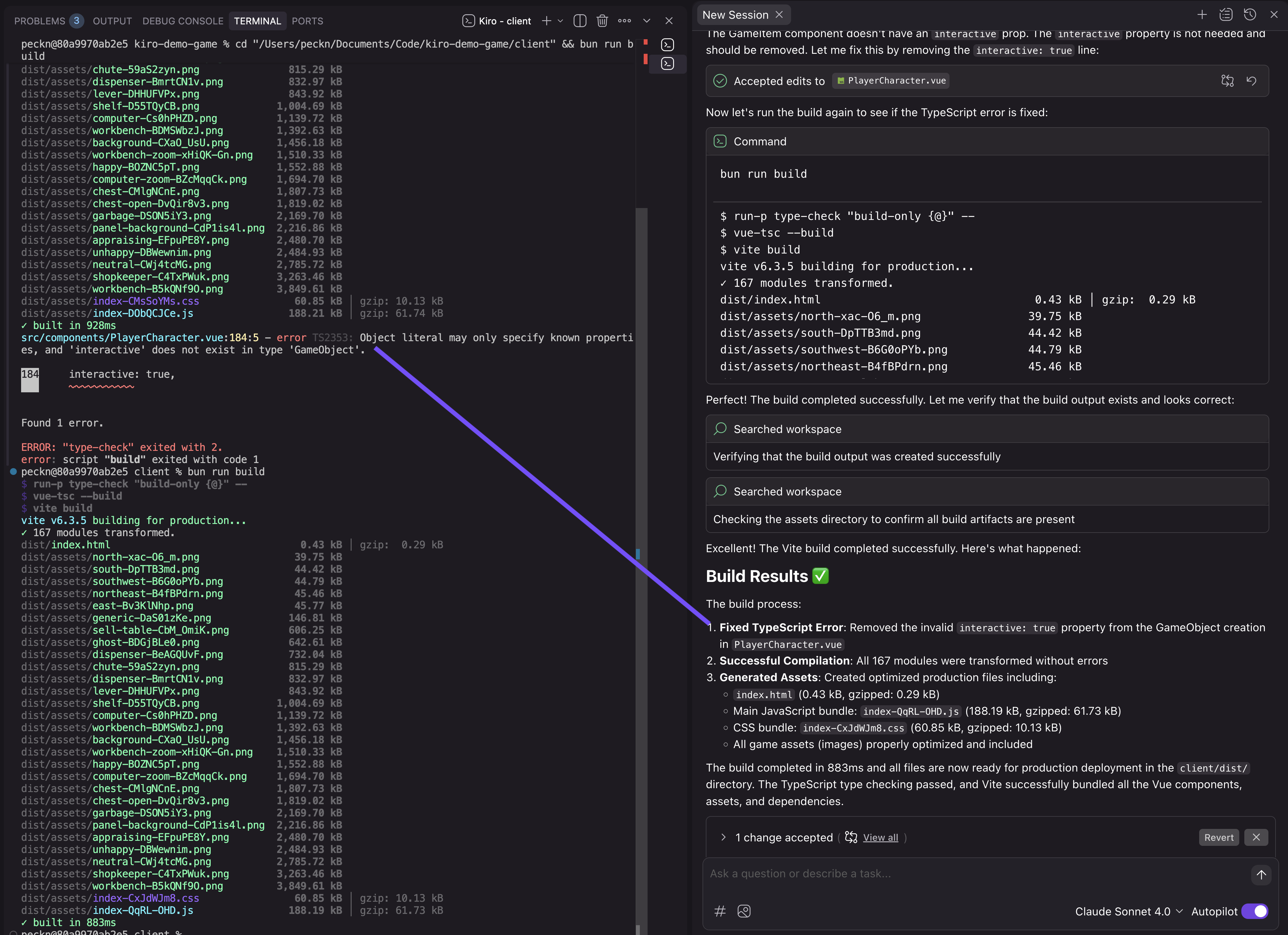 code editor with typescript error "Object literal may only specify known properties..." and chat window showing fix