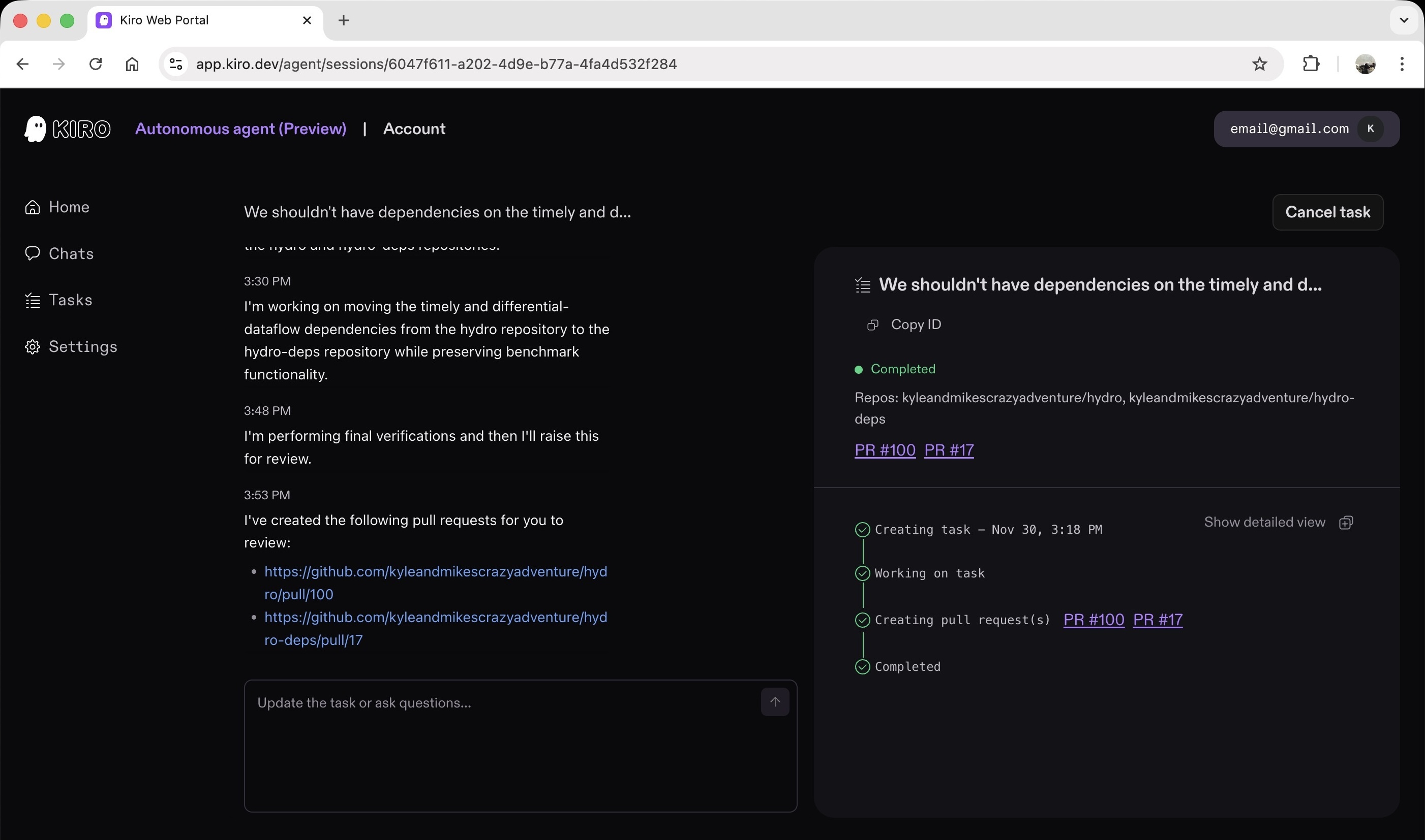 We shouldn't have dependencies on the timely and d...

3:30 PM
I'm working on moving the timely and differential-dataflow dependencies from the hydro repository to the hydro-deps repository while preserving benchmark functionality.
3:48 PM
I'm performing final verifications and then I'll raise this for review.
3:53 PM
review:
I've created the following pull requests for you to
• https://github.com/kyleandmikescrazyadventure/hyd
ro/pull/100
• https://github.com/kyleandmikescrazyadventure/hyd
ro-deps/pull/17