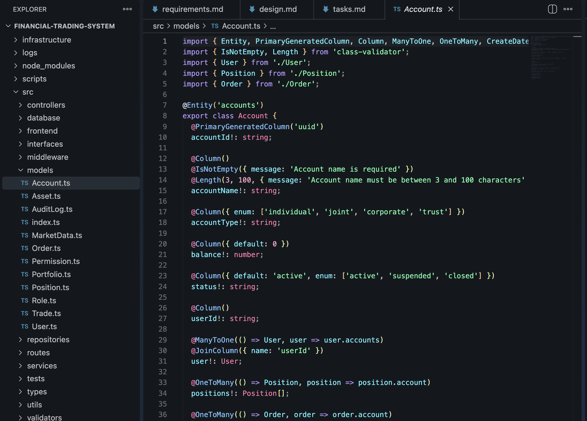 Account.ts code in IDE