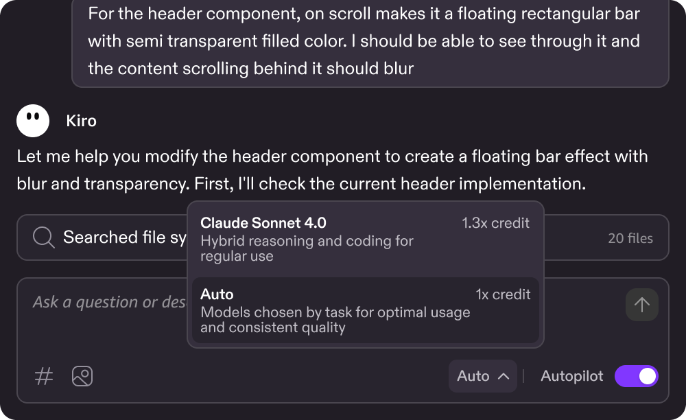 Dropdown menu with: Claude Sonnet 4.0. 1.3x credit Hybrid reasoning and coding for regular use; Auto. 1x credit. Models choesn by task for optimal usage and consistent quality.