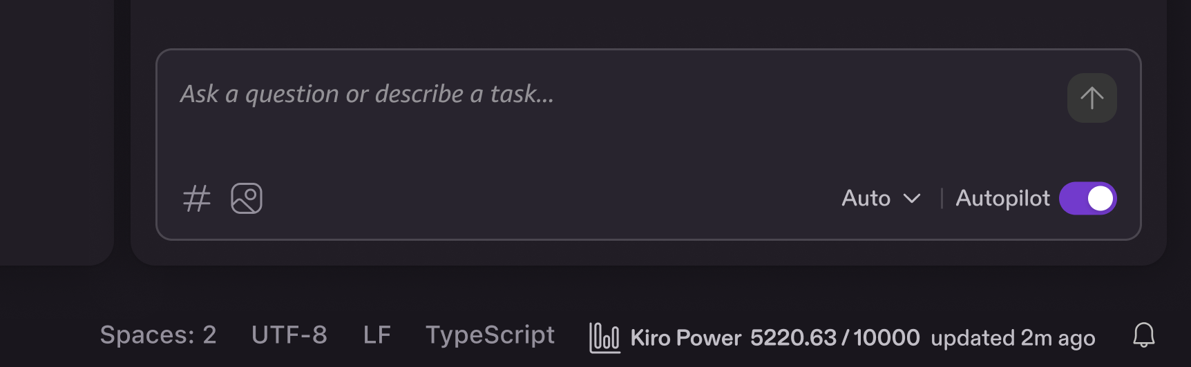 Chat panel showing Kiro Power 5220.63 / 5000 updated 2m ago