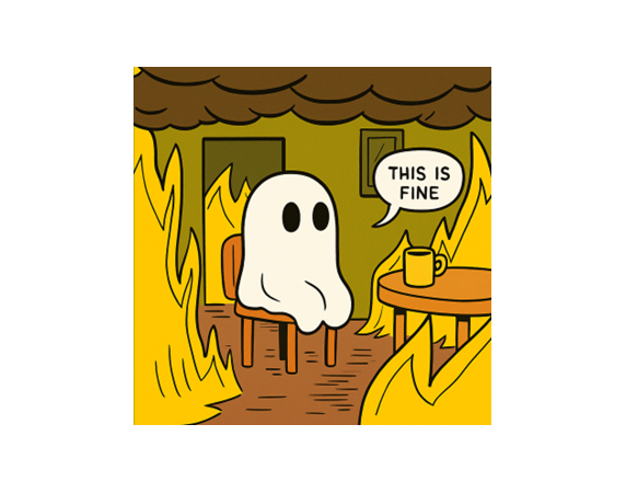 ghost cartoon sitting on a chair in a room that is full of flames, saying 'This is fine'