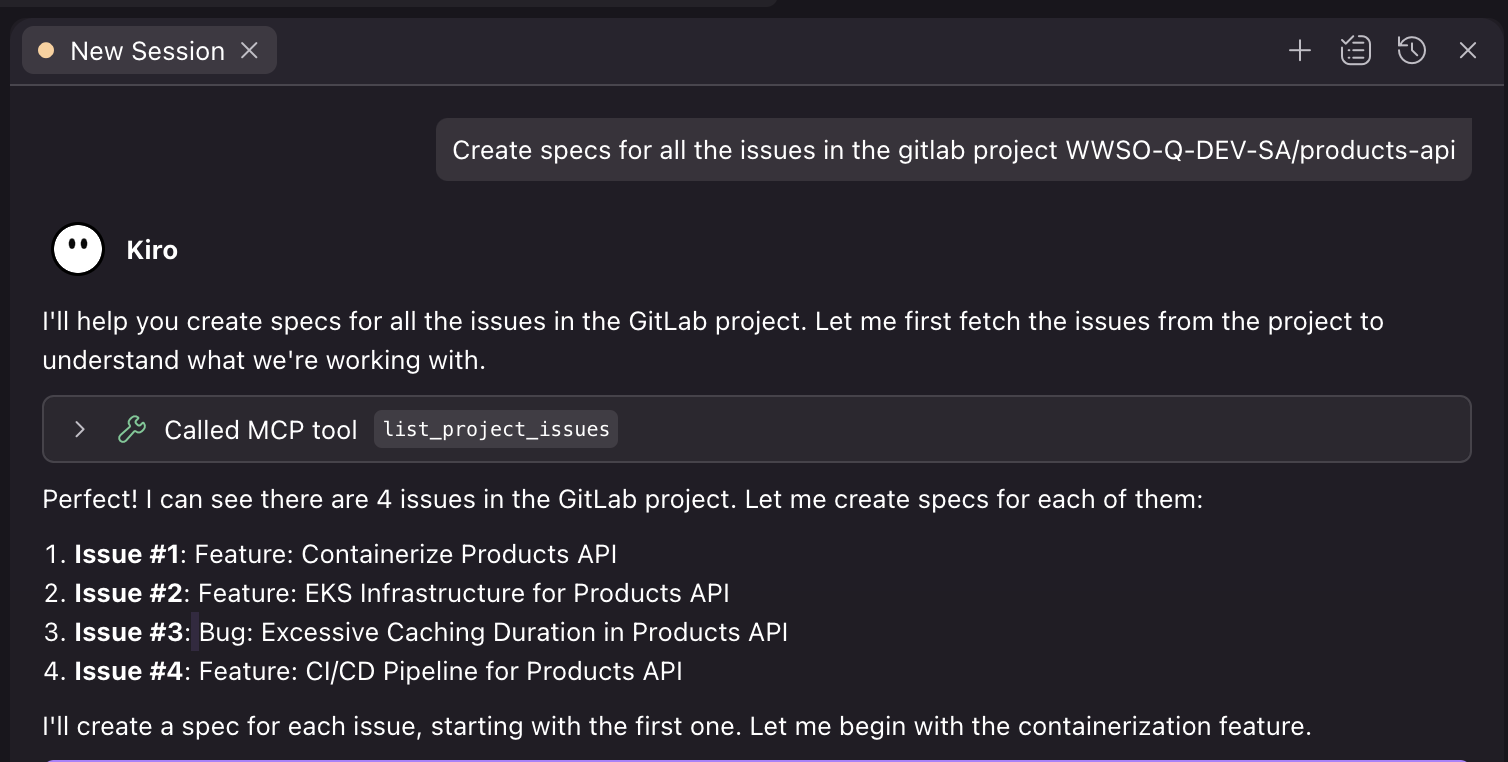 Screen shot of Kiro creating specs for the GitLab issues.
