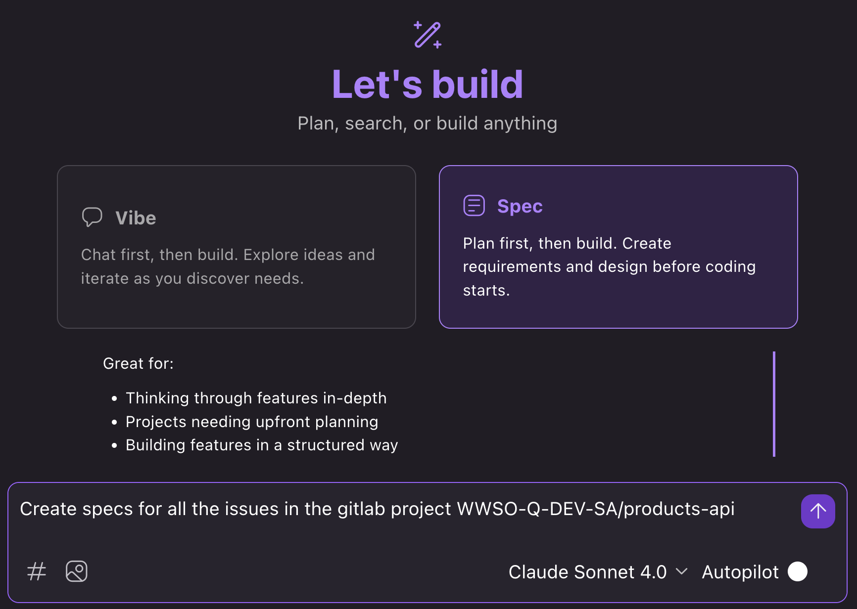 Screen shot of a single request to sync GitLab issues to Kiro specs