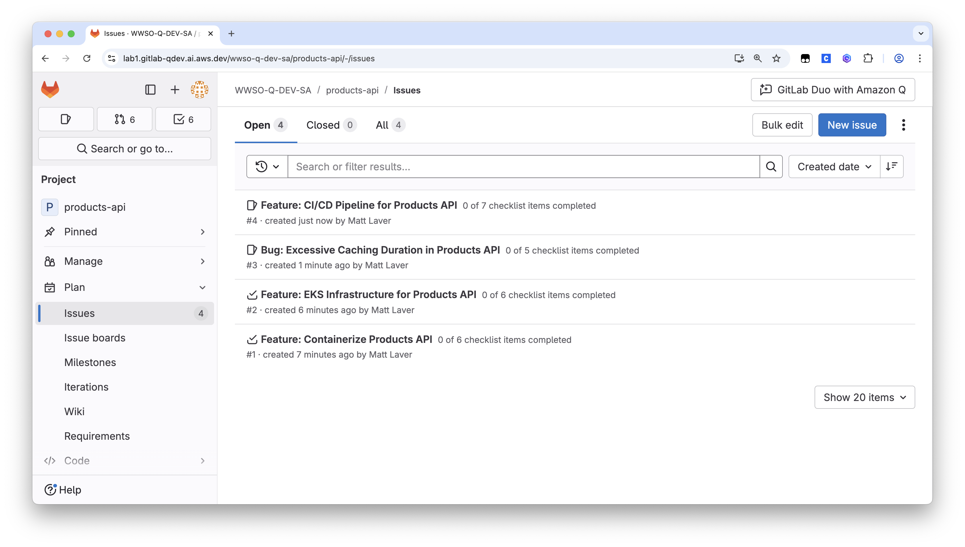 Screen shot of GitLab Issues showing the products features and bugs