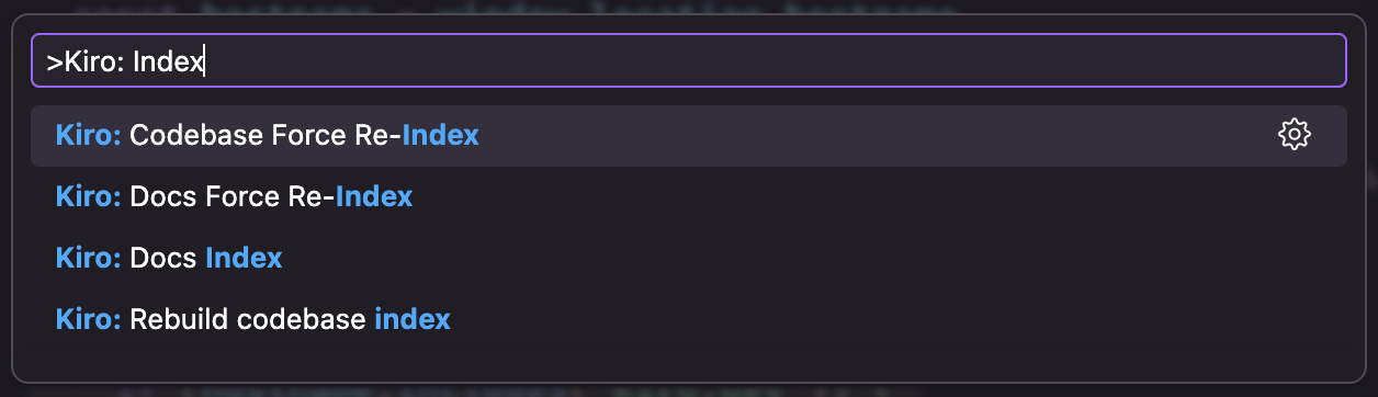 Kiro indexing commands in Command Palette